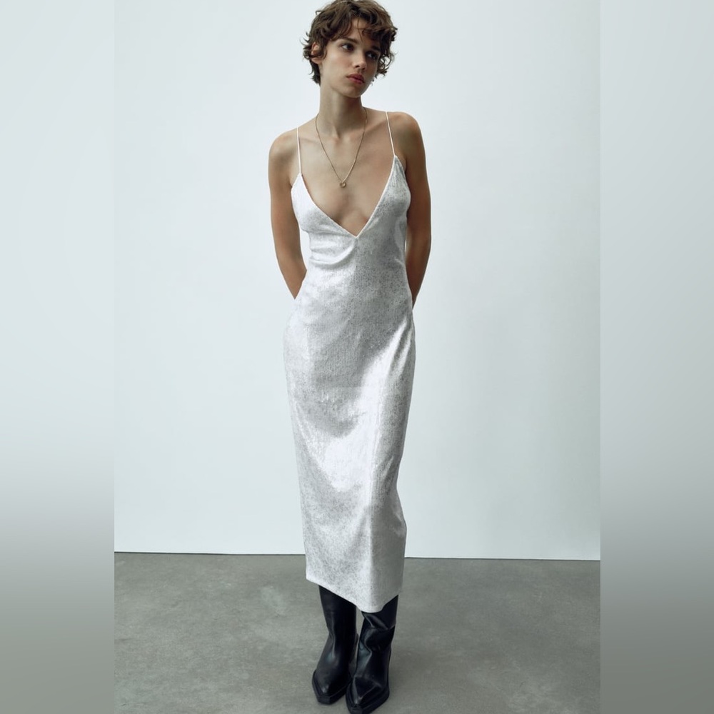 Zara Silver Slip Midi Dress
